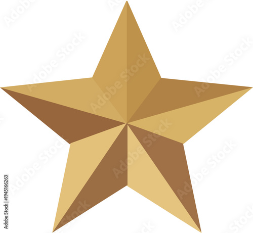Golden five pointed star with gradient shading and three dimensional effect on white background yellow