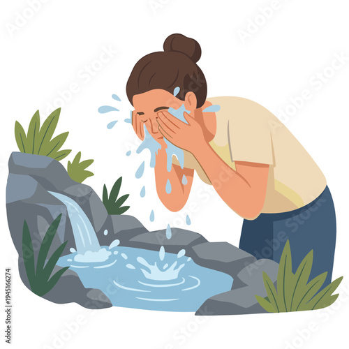 Woman washing face with water from natural spring outdoors