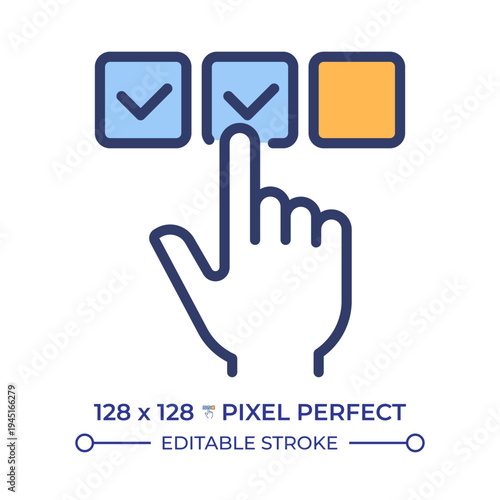 Multiple choice pixel perfect line color icon. Pointing index finger. Checked boxes. Decision making. Digital interaction. Isolated vector illustration. Flat colorful symbol design. Editable stroke