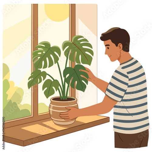 Man standing indoors touching plant on windowsill near sun