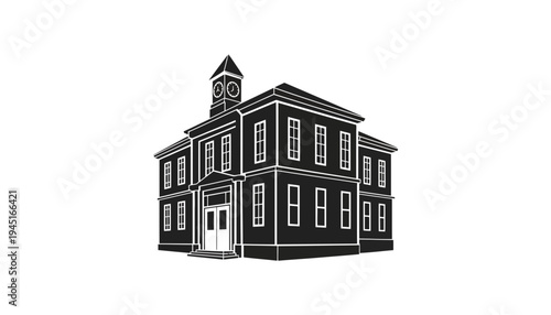 A black school building vector illustration with a clock tower