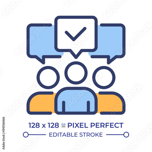 Social opinion pixel perfect line color icon. Group discussion, team agreement. Public opinion, decision making. Isolated vector illustration. Flat colorful symbol design. Editable stroke
