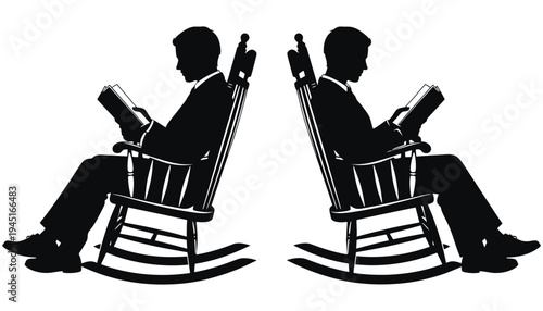 A man silhouette sitting in a rocking chair reading a book