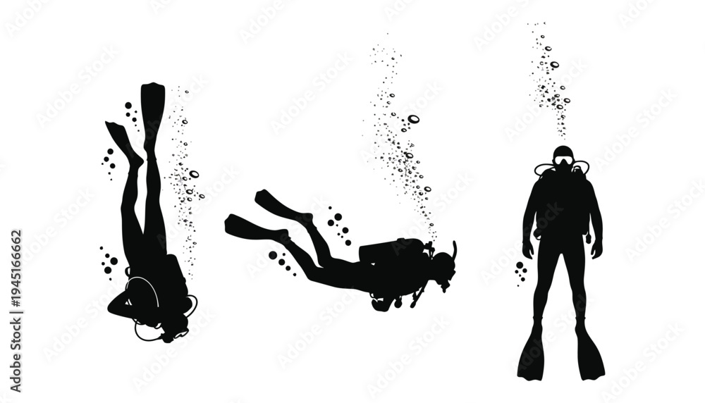 Fototapeta premium Scuba diver silhouette vector illustration with three divers underwater