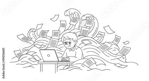 Navigating a Deluge of Deadlines Overwhelmed Professional Submerged by an Enormous Wave of Paperwork and Office Responsibilities, Illustrating Extreme Work Stress and Information Overload