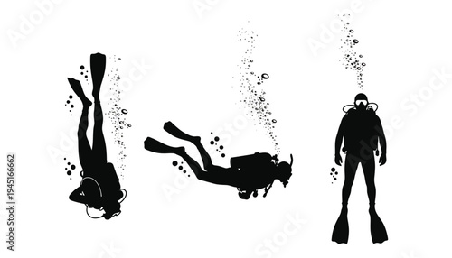 Scuba diver silhouette vector illustration with three divers underwater