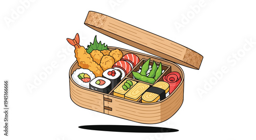 Japanese Bento Box Lunch with Sushi and Tempura Illustration
