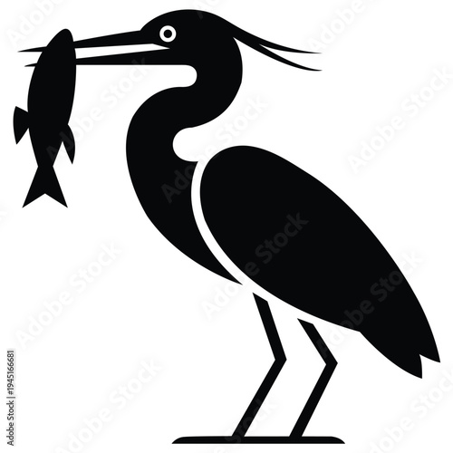 Black Heron Bird Silhouette Catching Fish Vector Isolated Wildlife Fishing Illustration.