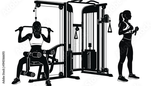 Gym silhouette illustration of women working out on exercise equipment