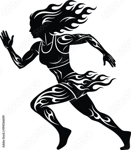 Running woman athlete silhouette with flame tribal pattern dynamic fitness sport illustration symbol for marathon training speed and strength