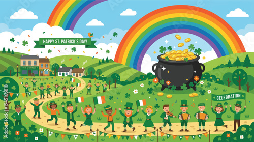 Vibrant St. Patrick's Day celebration with a lively parade of joyous people, leprechauns, shamrocks, and a pot of gold under a festive rainbow