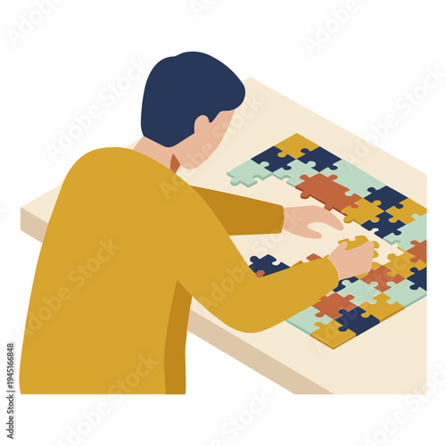 Man working on jigsaw puzzle pieces on a table indoors