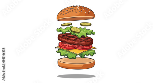 Exploded View Illustration of a Delicious Cheeseburger with Fresh Ingredients