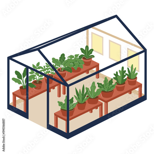 An isometric illustration of a greenhouse with various plants growing indoors.