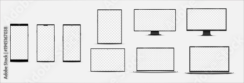 Modern electronic device screen mockup collection with mobile phone, tablet pad, laptop and PC display isolated on white background, Set of realistic black digital devices mockup 