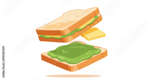 Illustration of a Kaya Toast Sandwich with Butter and Pandan Jam
