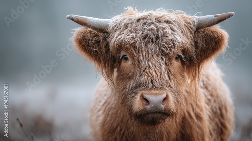 Highland cow stands in misty field during early morning light in a rural area, showing a thick coat and curious expression