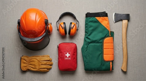 Protective gear for forestry: helmet, ear protection, gloves, first aid kit, chaps, and axe on gray surface