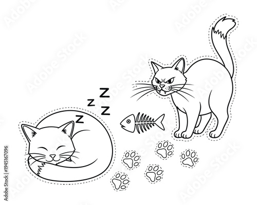 Black and white line art of a sleeping cat and an angry cat with a fish skeleton between them