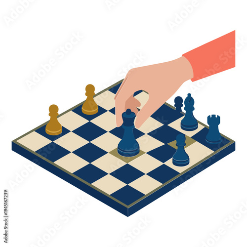 A hand moves a blue chess piece on a board with other pieces.