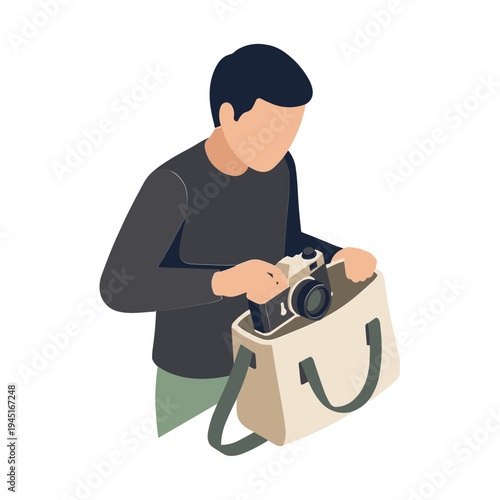 Man takes camera out of beige bag with green straps carefully