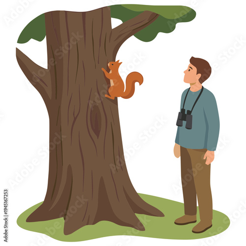 Man observes squirrel climbing large tree in nature outdoors closely