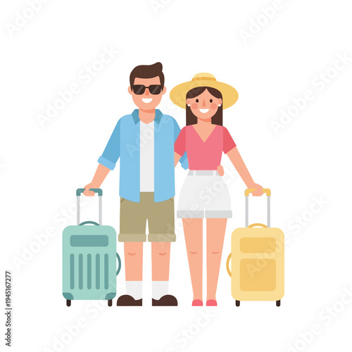 Happy Couple with Suitcases Ready for Vacation Trip