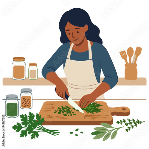 Woman chopping herbs on a wooden cutting board in a kitchen.