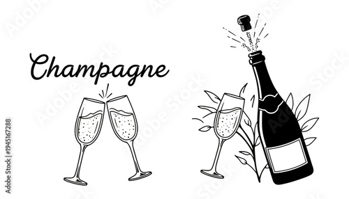Champagne bottle and glasses illustration for celebration and party