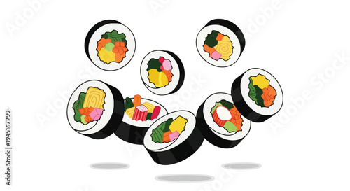 Floating Kimbap Sushi Rolls Illustration
