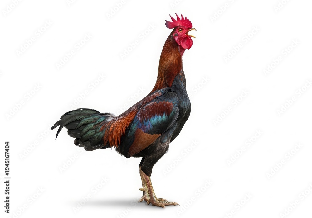 Fototapeta premium A tall and elegant male Ayam Pelung captured in a proud crowing pose. Known for its long melodious crow, this Indonesian heritage chicken breed symbolizes prestige and cultural pride. Perfect for agri