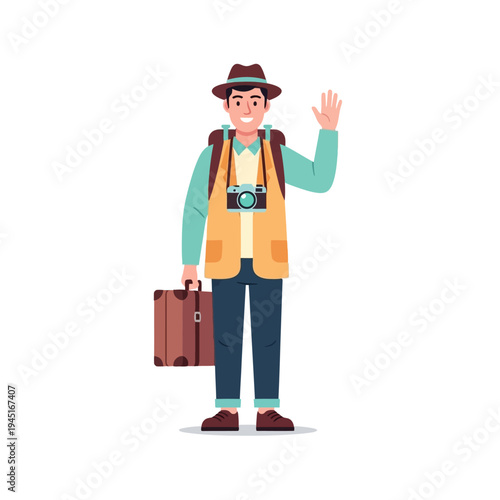 Happy Male Tourist Waving Hello with Suitcase and Camera, Ready for Adventure