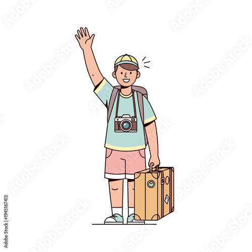 Happy Tourist Waving Goodbye Holding Suitcase and Camera Ready for Adventure
