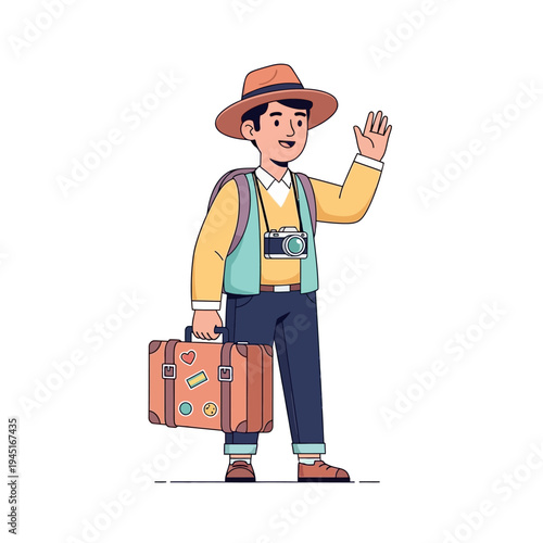 Happy Tourist Man Waving Hello Holding Suitcase and Camera