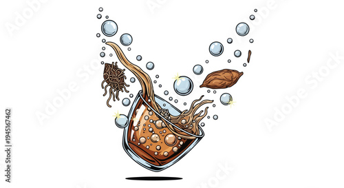 Kombucha Fermentation Illustration with Tea Leaves and Bubbles
