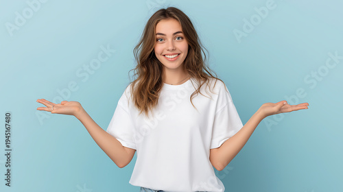Smiling Woman With Open Hands Presenting On Blue Background, White T Shirt