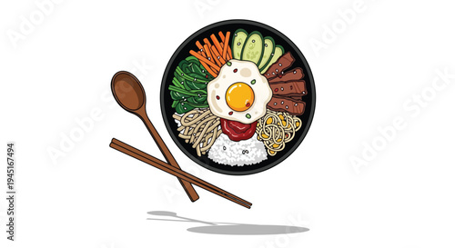 Korean Bibimbap Bowl with Fried Egg and Vegetables Illustration