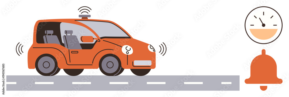 Naklejka premium Autonomous driving, electric vehicle, transportation technology, smart cars, futuristic travel, environmental conservation. Orange car with signals and tech icons. Autonomous driving and electric