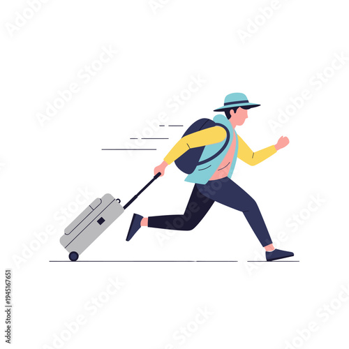 Man Running with Suitcase and Backpack, Travel Concept, Dynamic Motion