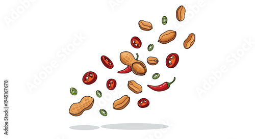 Floating Peanuts and Chili Pepper Slices Illustration