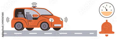 Autonomous driving, electric vehicle, transportation technology, smart cars, futuristic travel, environmental conservation. Orange car with signals and tech icons. Autonomous driving and electric
