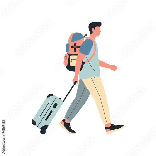 Man with backpack and suitcase walking, travel concept