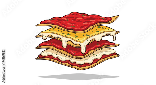 Layered Lasagna Pasta Illustration with Tomato Sauce and Melted Cheese