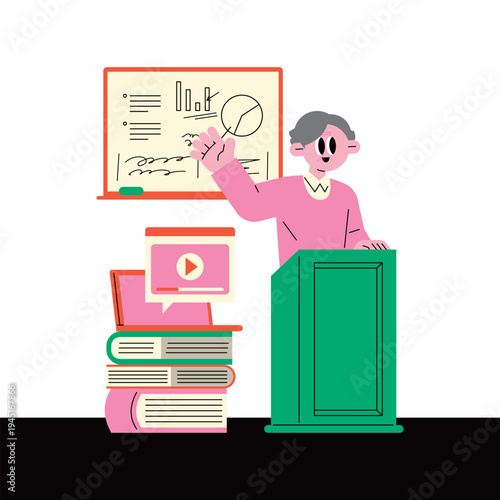 Flat illustration of university professor giving academic lecture with charts.