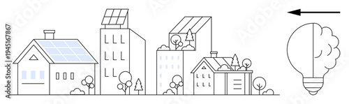 Renewable energy concept. Solar panels on rooftop buildings renewable energy. Renewable energy solutions foster sustainability, eco-friendly urban living. Uses include construction, energy