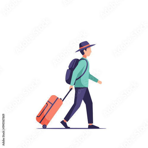 Man with Hat, Backpack, and Orange Suitcase Walking - Travel Vacation Concept