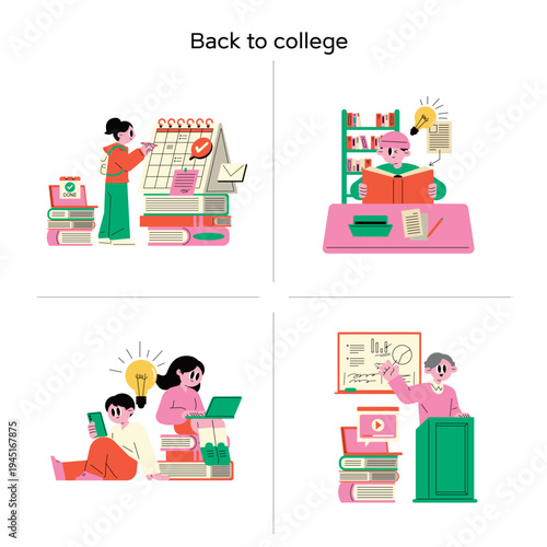 Flat illustration set of various university and higher education concepts.