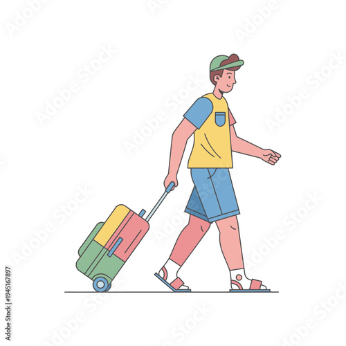 Man with colorful suitcase on wheels walking, vacation travel concept, flat illustration