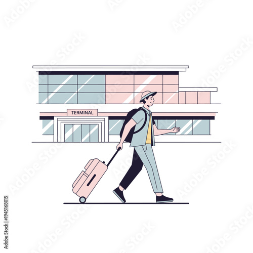 Man with suitcase walking at airport terminal building, travel concept illustration