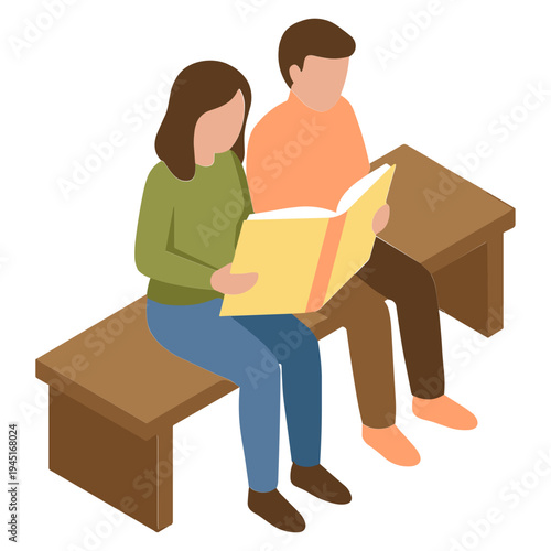 Two students sitting on desks reading a book together indoors